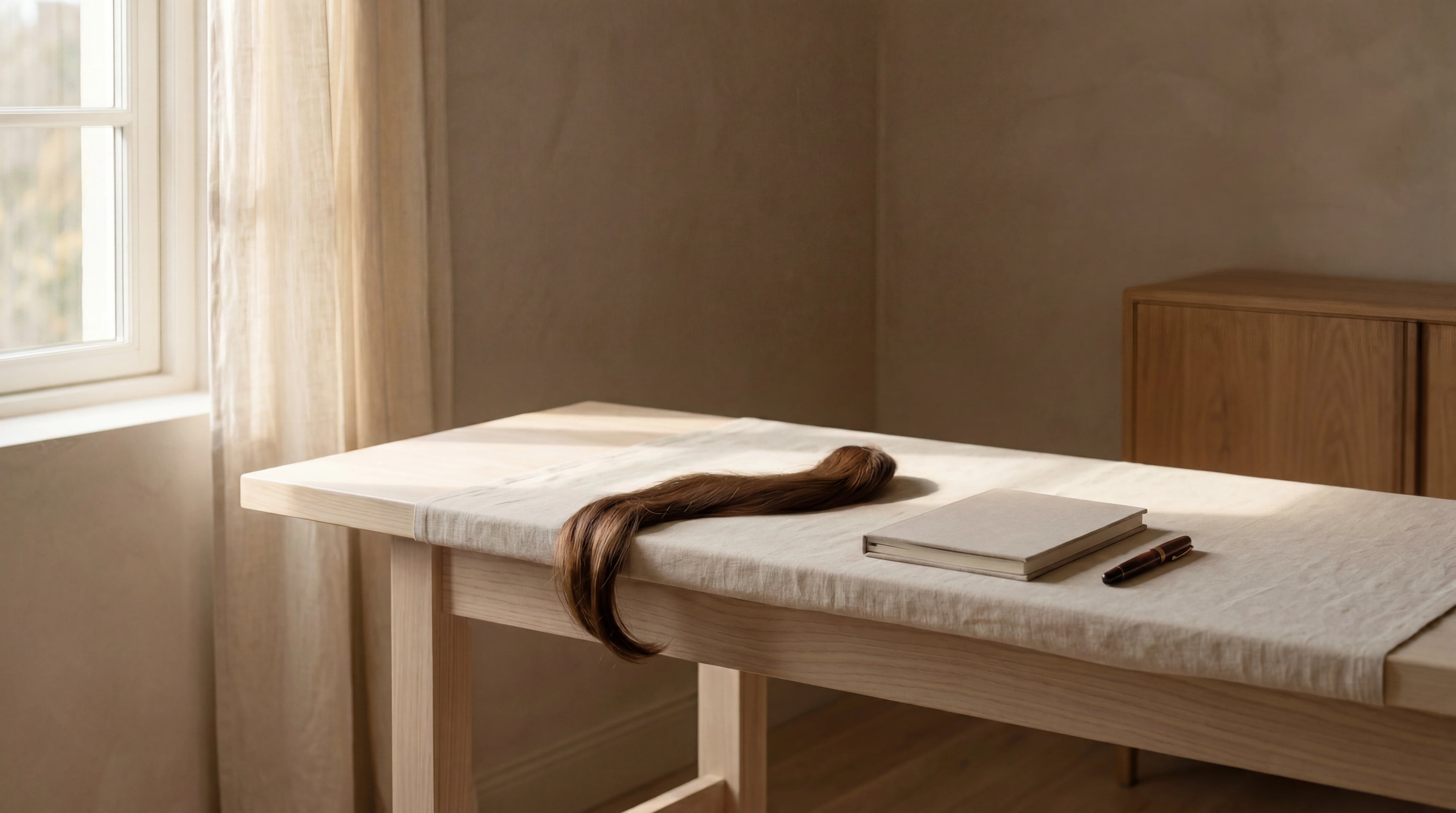 The L'hair atelier workbench in warm natural light, the workspace where extensions are matched and prepared
