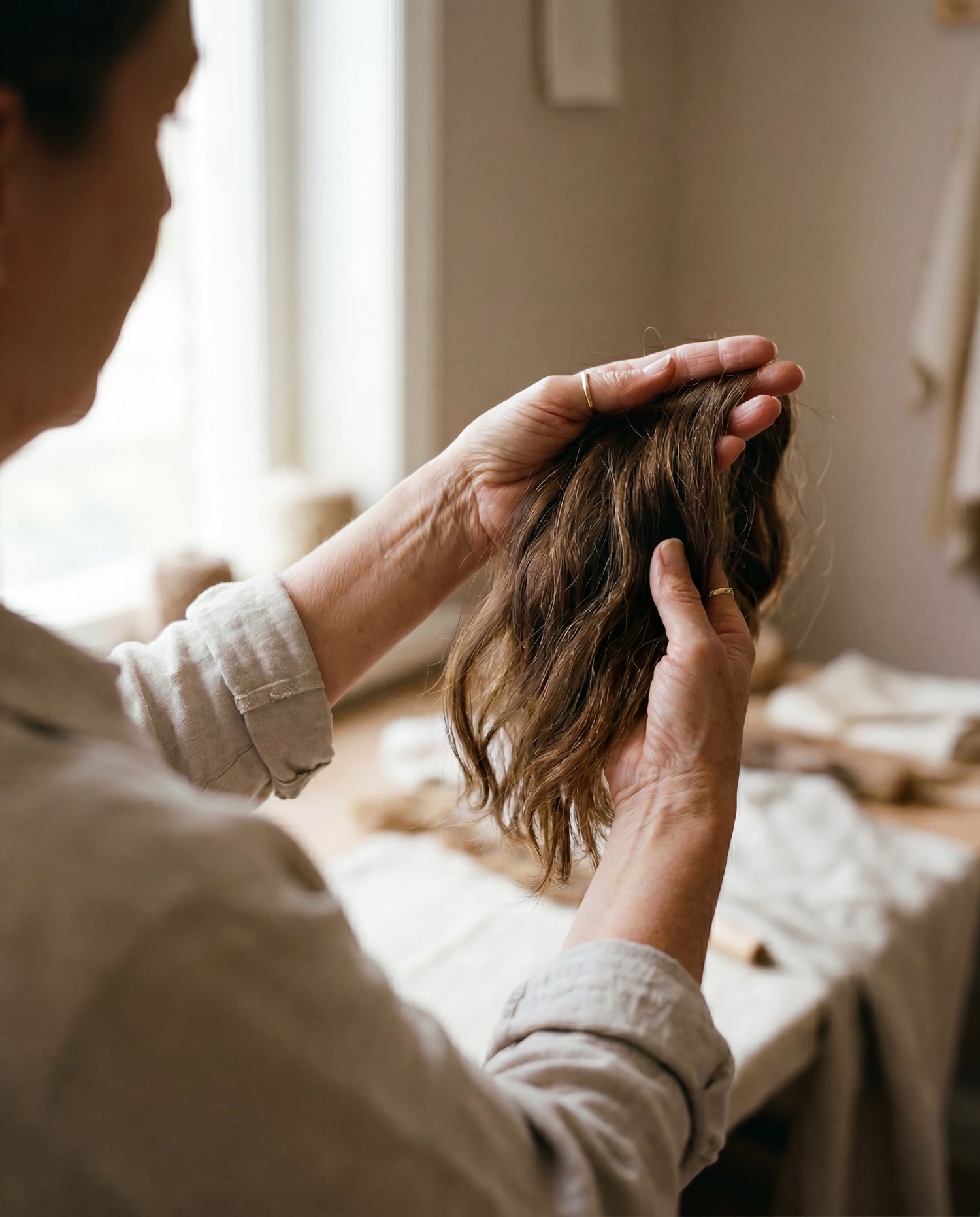 Stylist's hands working with a section of raw virgin brunette hair on a linen-draped atelier surface