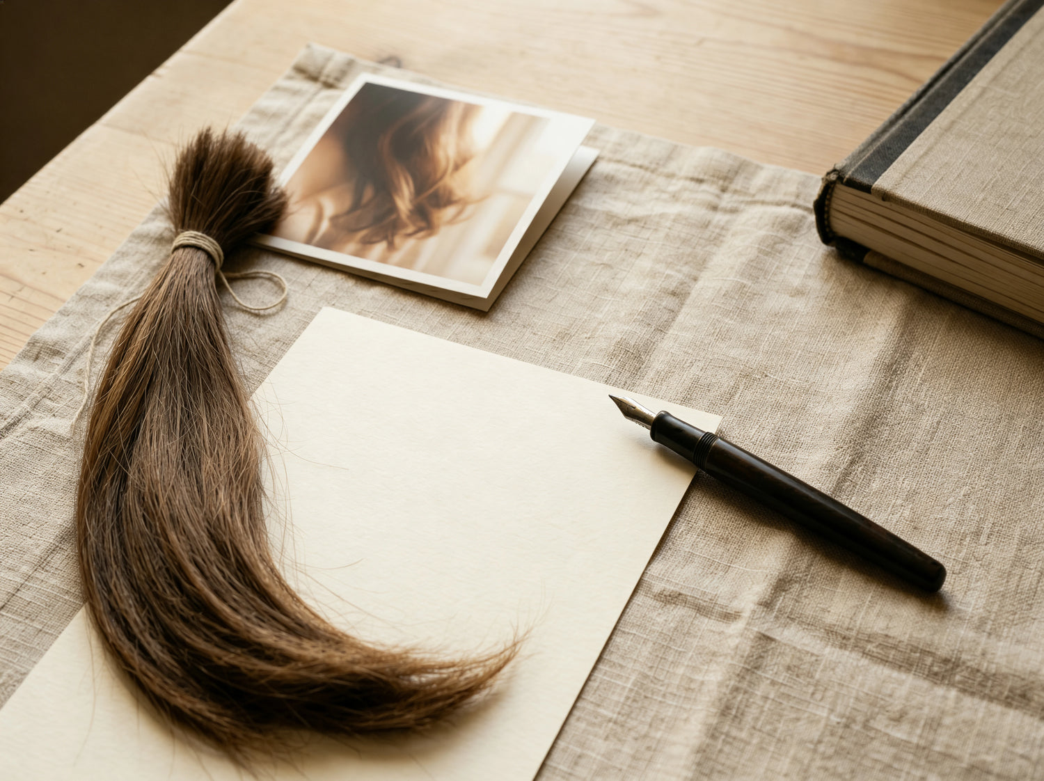 Handwritten consultation note on cream paper with fountain pen at the L'hair atelier desk