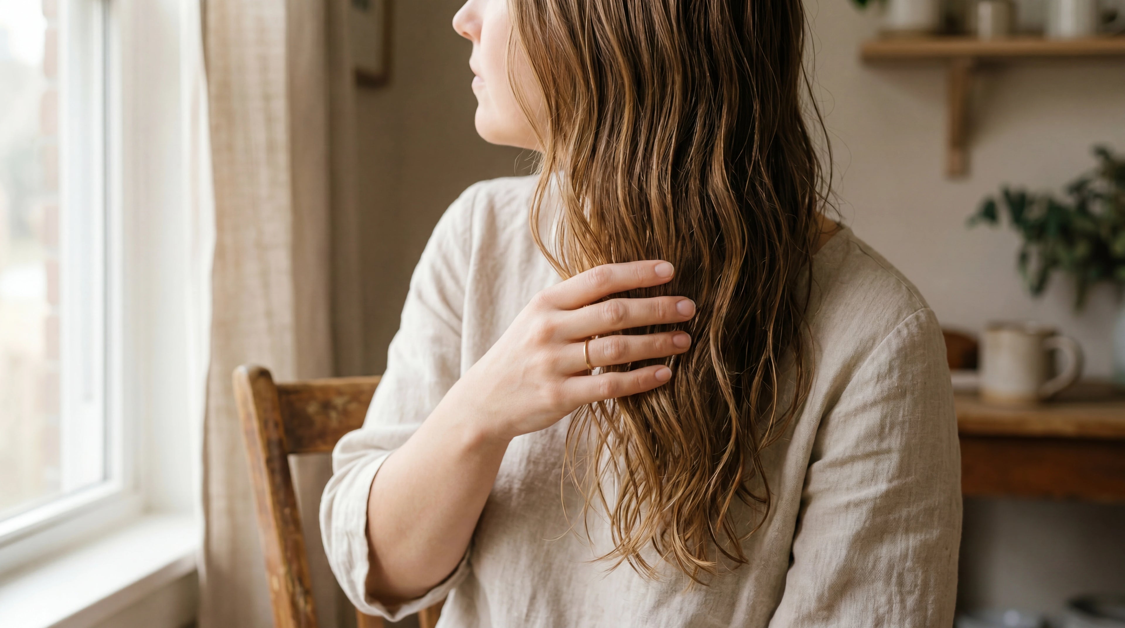 Woman with long raw virgin caramel brunette hair extensions, the lived-in look of well-cared-for L'hair