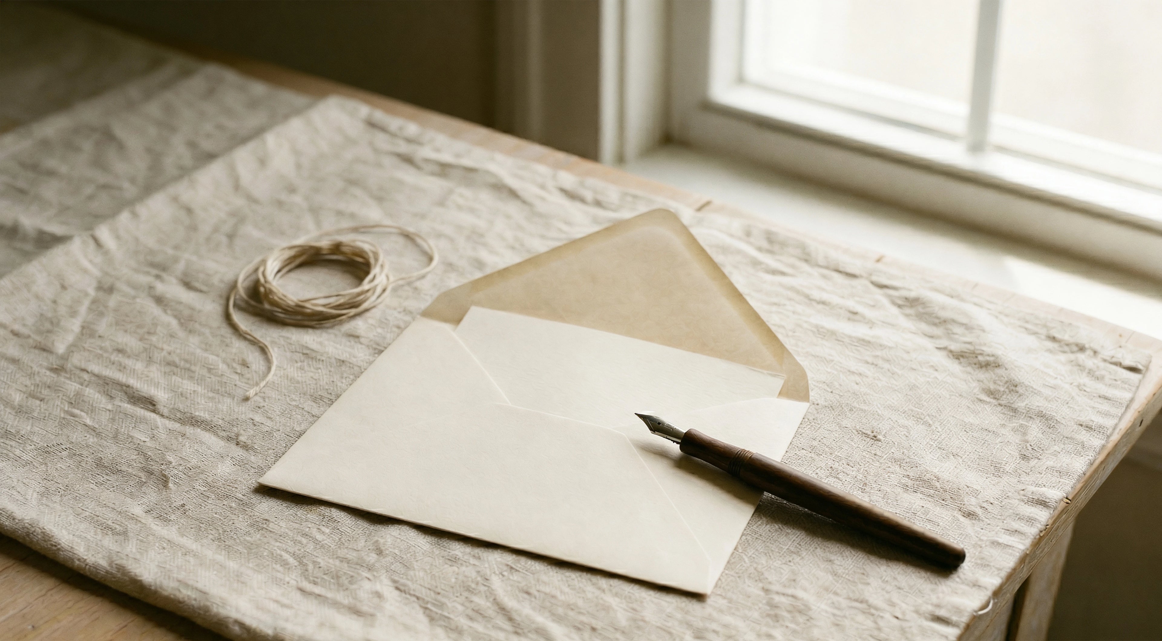 Cream linen envelope and fountain pen on natural linen, L'hair atelier correspondence
