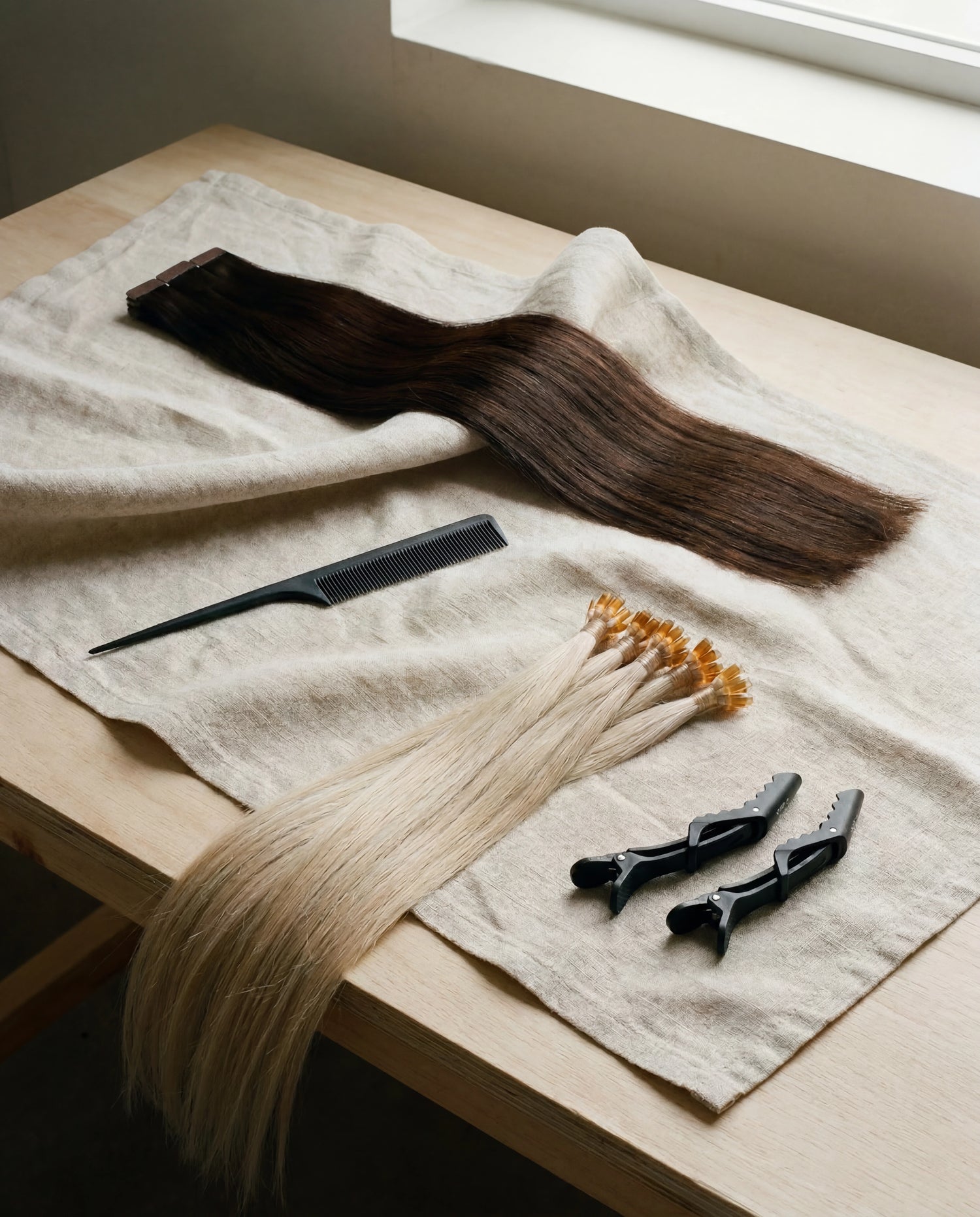 Salon professional workbench with raw virgin hair extensions, sectioning clips, and tail comb on linen