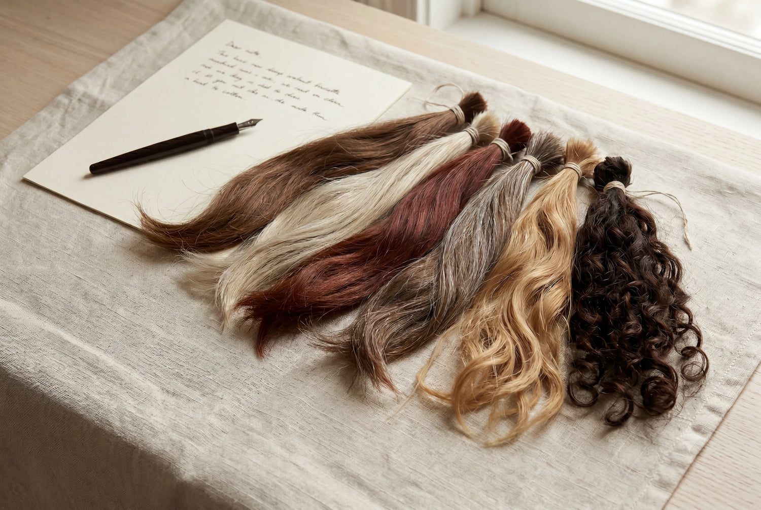 Six raw virgin hair samples in varied shades laid on linen with handwritten consultation notes