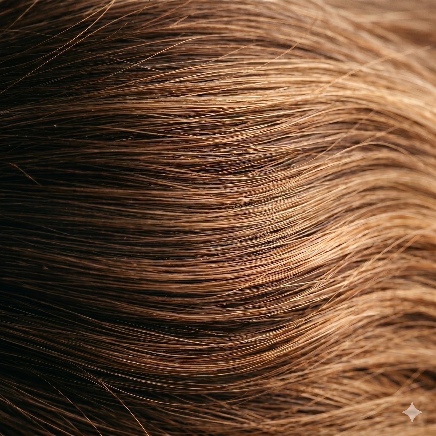 Macro detail of raw virgin brunette hair showing intact aligned cuticle and natural multi-tonal warmth