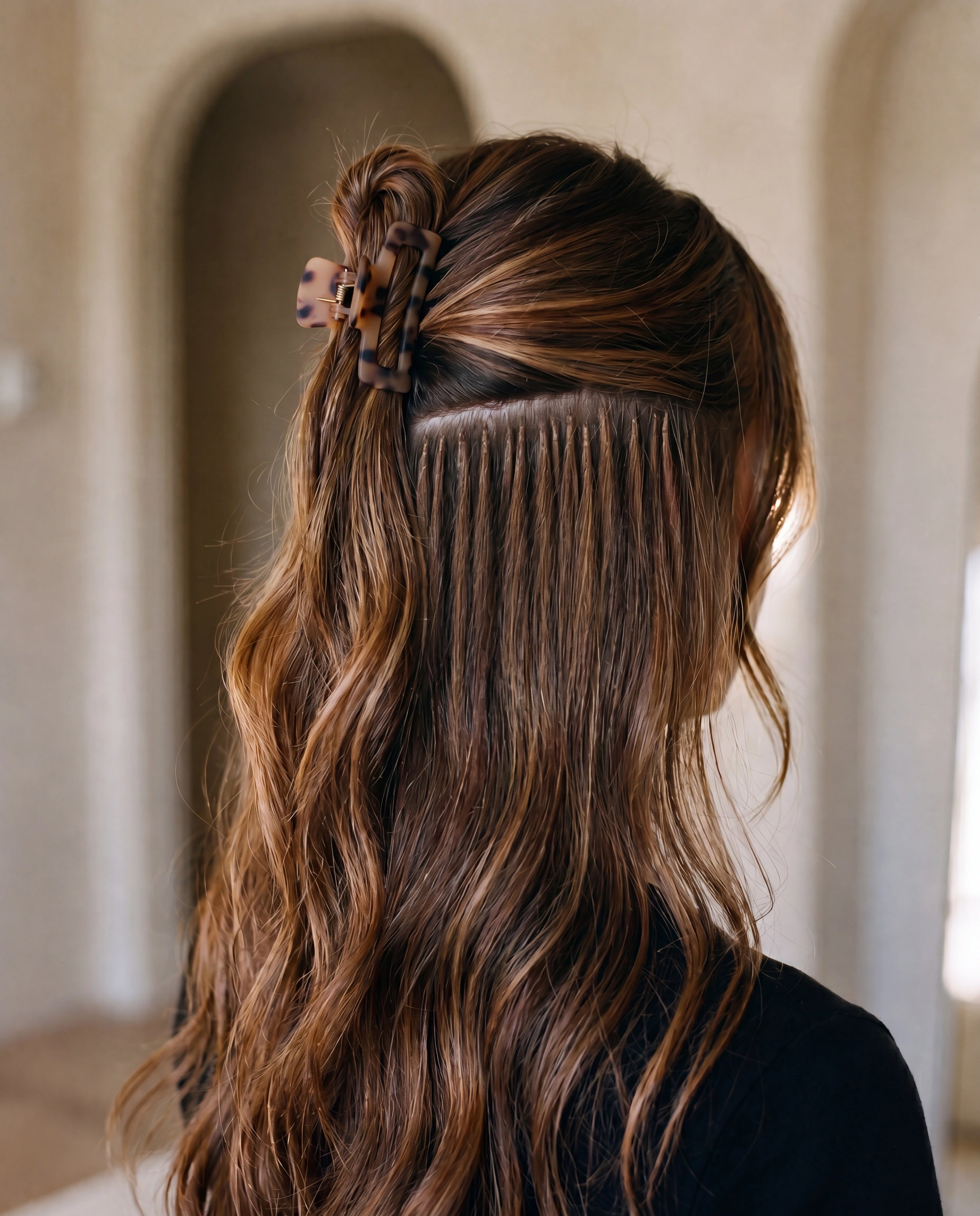 Bundle of L'hair keratin-tip hair extensions in raw virgin brunette, individually bonded strands on linen