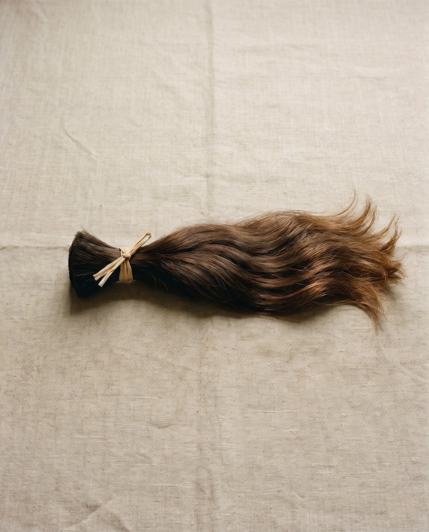 Single-donor raw virgin brunette hair laid on natural linen, showing untouched cuticle integrity