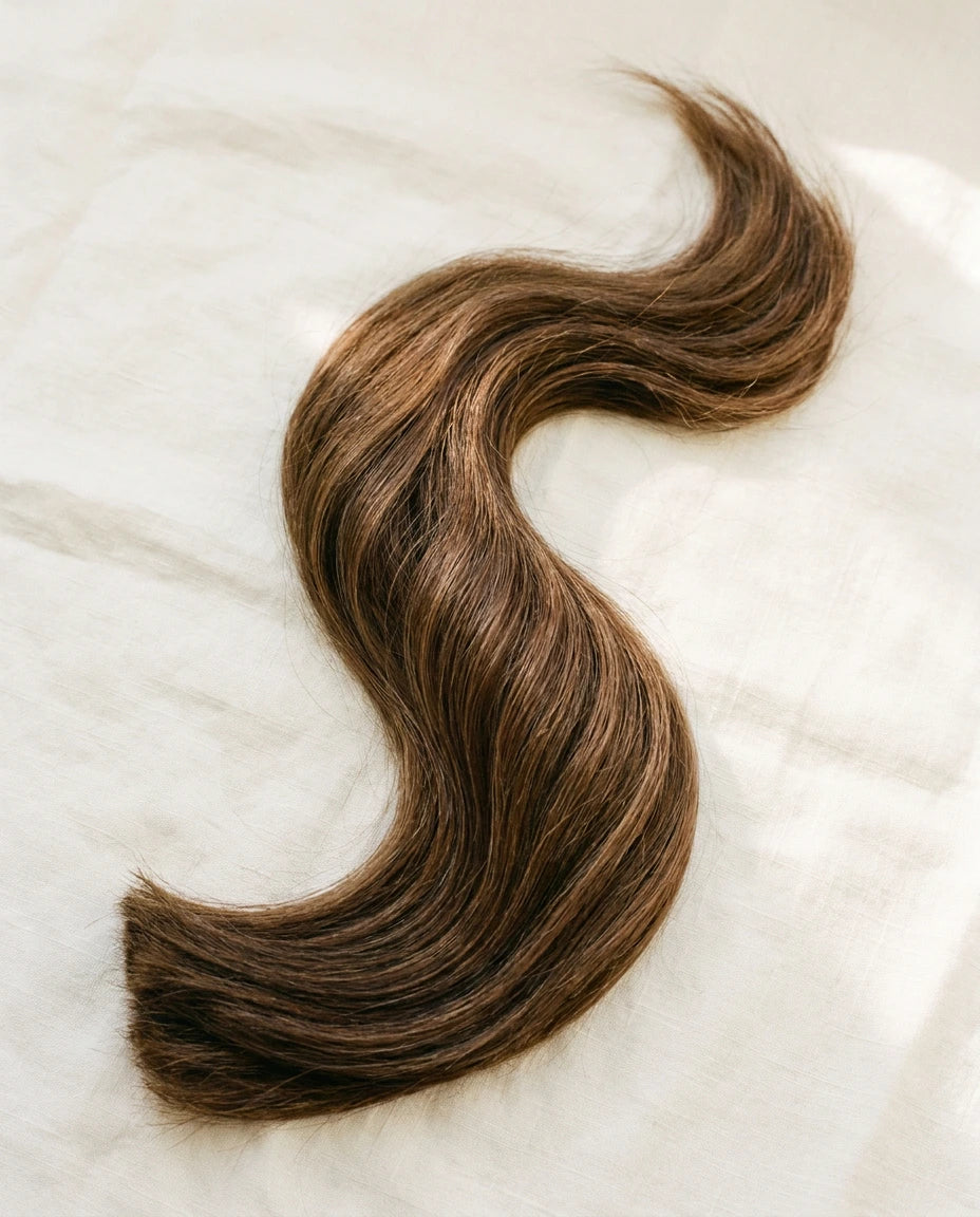 Bound ponytail of single-donor raw virgin brunette hair on natural linen in soft window light
