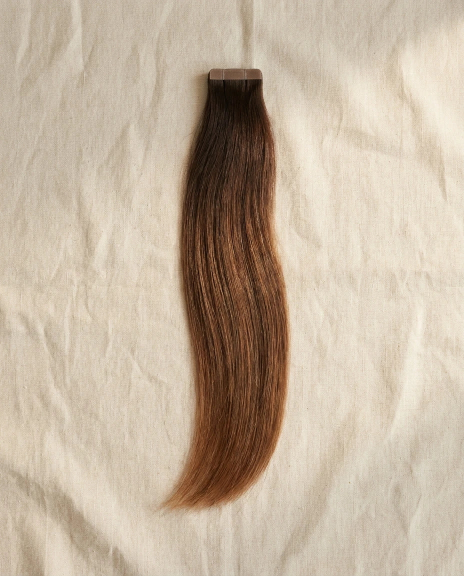 Bundle of L'hair tape-in hair extensions in raw virgin brunette, polyurethane tabs tinted to match the hair